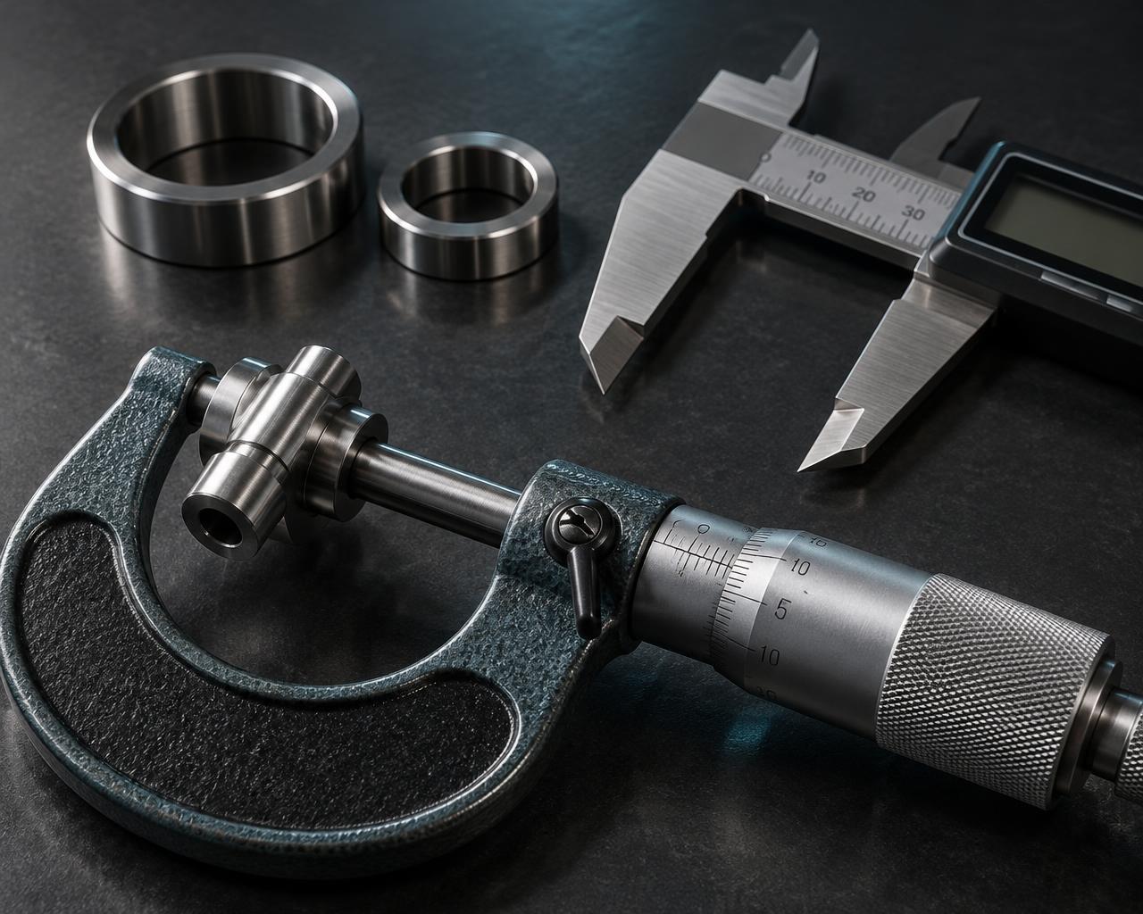 Illustrative micrometer, caliper and machined parts for inspection